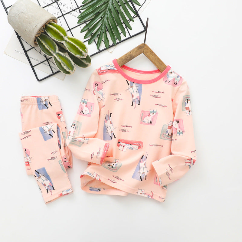 冷えやすい季節に心地よい 子ども長袖パジャマ上下セット 総柄プリント コットン95% ラウンドネック 110~160cm