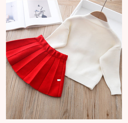 ふわっと上品に可愛く決まる 女の子ニットスカートセット フルーツ＆フラワーモチーフ ミンクヘア混 ロングスリーブ 80~120cm