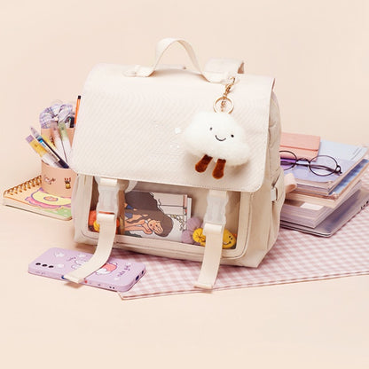 【13インチPC対応】防水ナイロン通学バックパック 30×14×29cm｜フラップ×ファスナーで中身が整うスクエアリュック（オフホワイト）