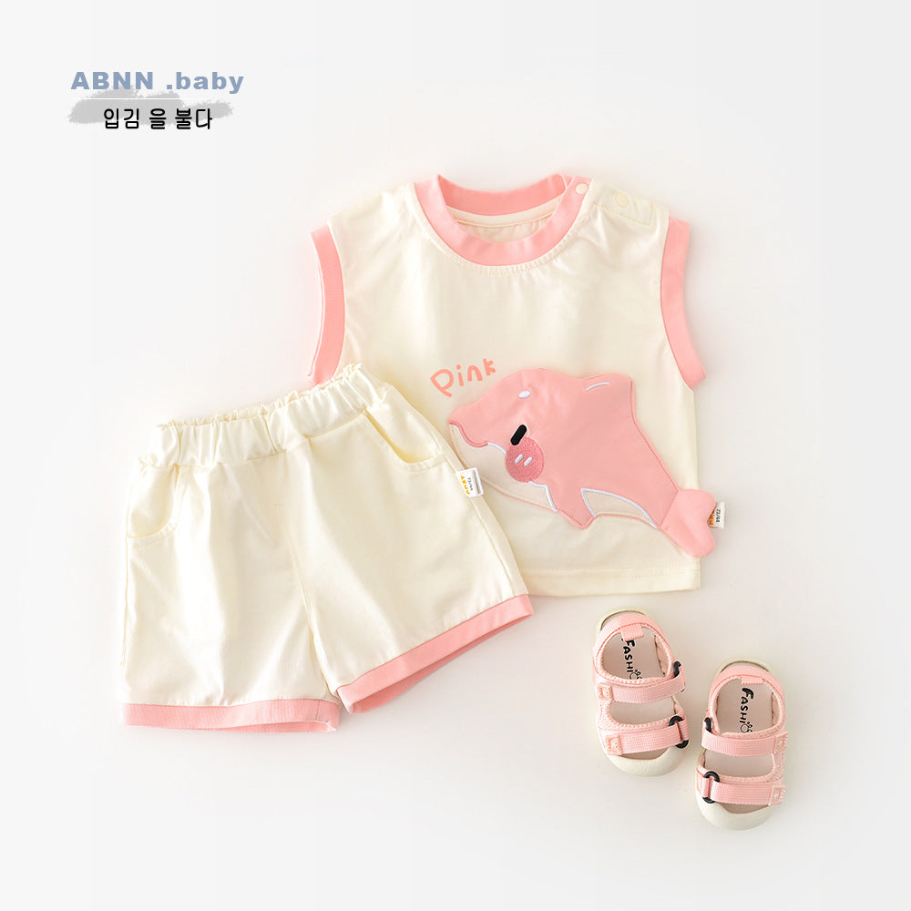 さらっと涼しく夏のごきげんコーデが完成する 子どもシャークデザインノースリーブセットアップ ショートパンツ付き コットン混 73〜100cm