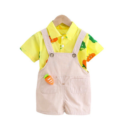 元気にかわいく夏コーデ完成 子どもサロペット＆半袖シャツ上下セット にんじんワッペン ベジタブルプリント コットン 80~110cm