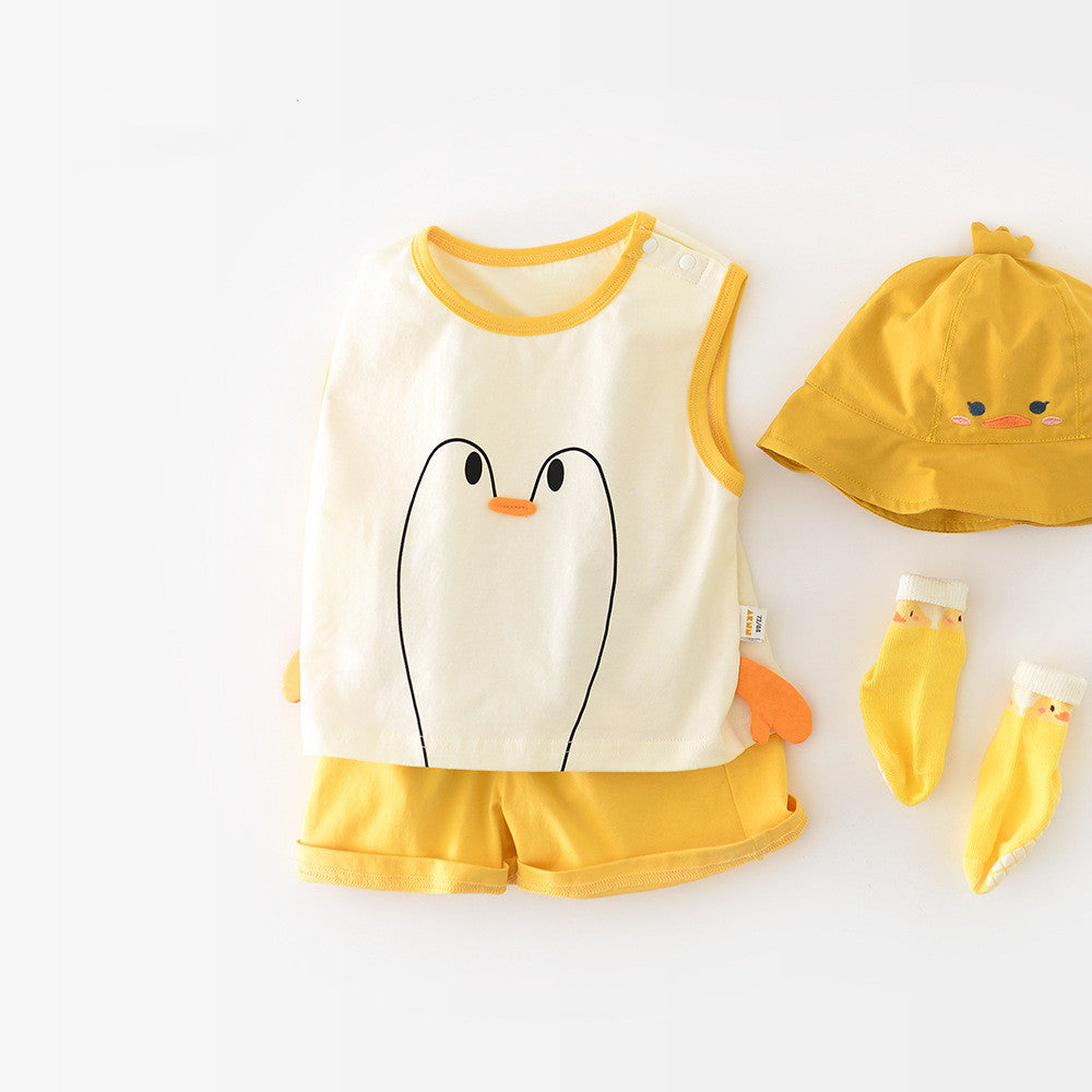 さらっと涼しく夏の毎日が可愛く決まる ベビーガチョウプリントノースリーブベスト＆ショートパンツセット コットン混 イエロー 73〜100cm