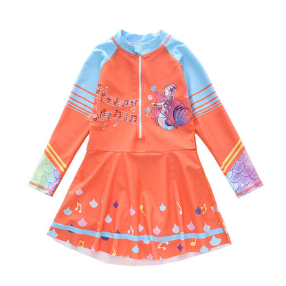 キッズ女の子 長袖ドレス風ワンピース水着 マーメイド柄 ハーフジップ 速乾ポリエステル 3〜14歳