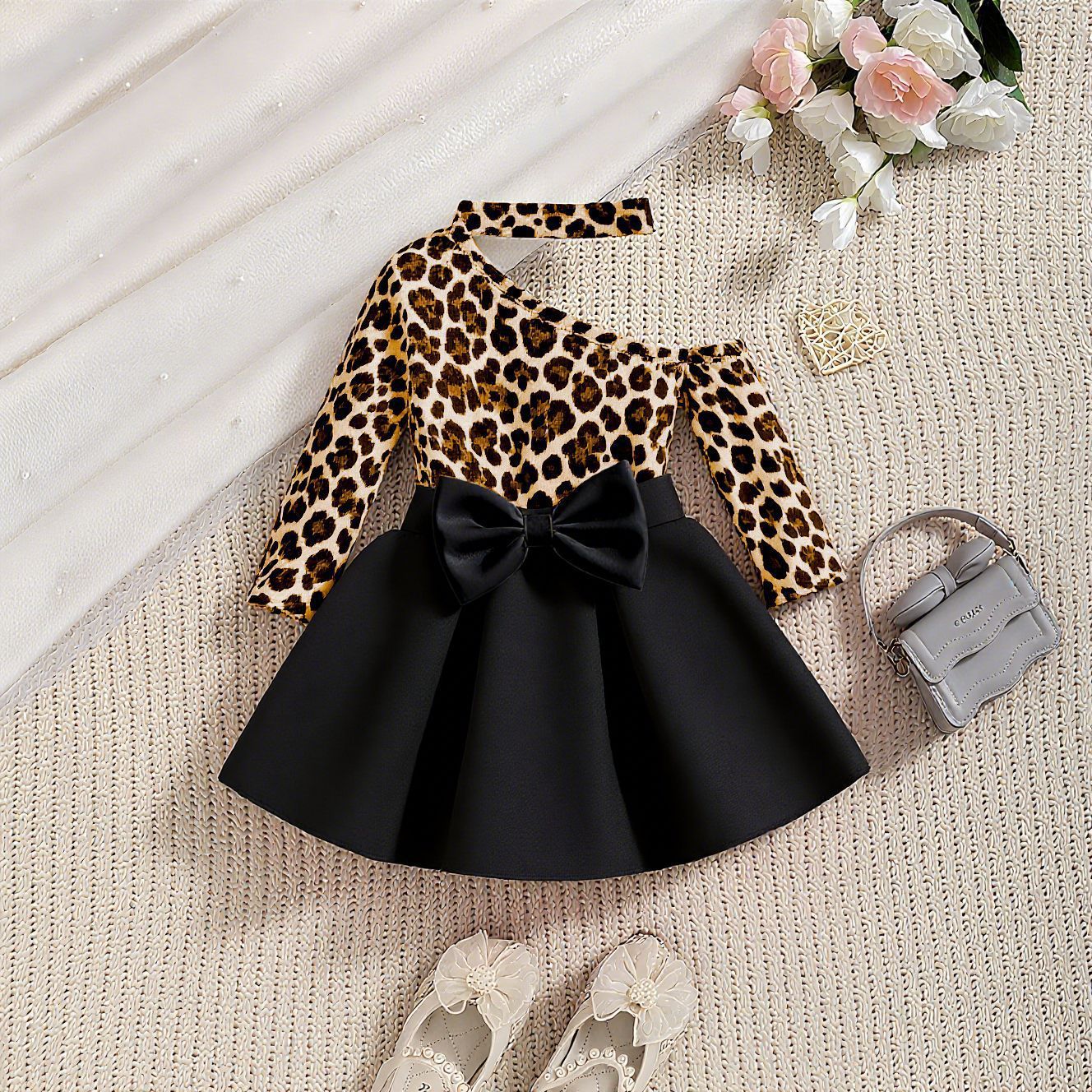 レオパード柄スカートとホワイトトップスのコーディネート画像
