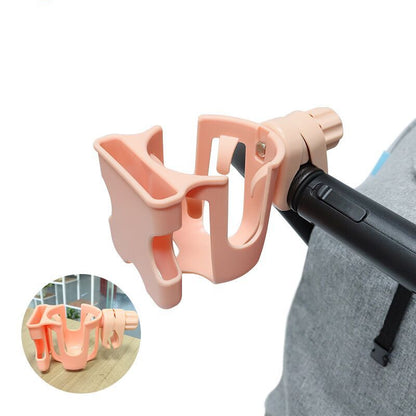 ピーチピンクの中空2in1ホルダーをフレームに固定した外観（ベビーカー用カップホルダー）
