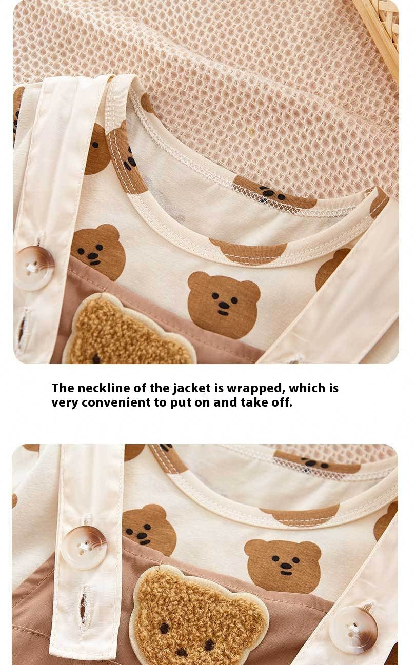 着るだけでやさしく可愛い印象に仕上がる 子ども半袖トップス＆くまワッペンサロペットパンツ上下セット くま柄 コットン 59~90cm