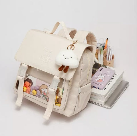 【13インチPC対応】防水ナイロン通学バックパック 30×14×29cm｜フラップ×ファスナーで中身が整うスクエアリュック（オフホワイト）