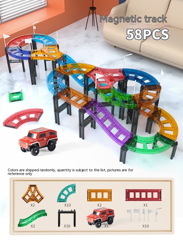 58ピースのマグネットブロック＆レールを使って高く積み上げたタワーとトラックカー
