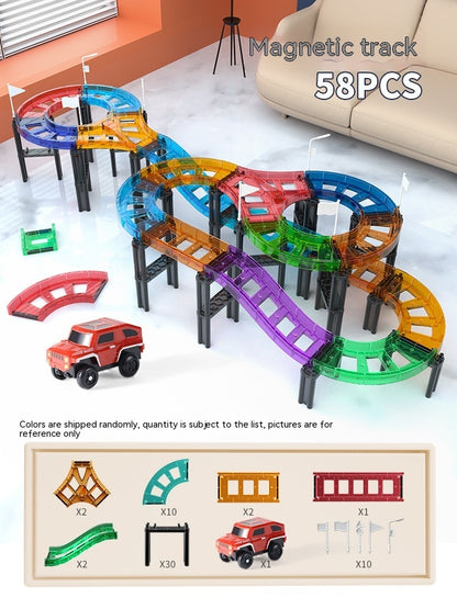 58ピースのマグネットブロック＆レールを使って高く積み上げたタワーとトラックカー

