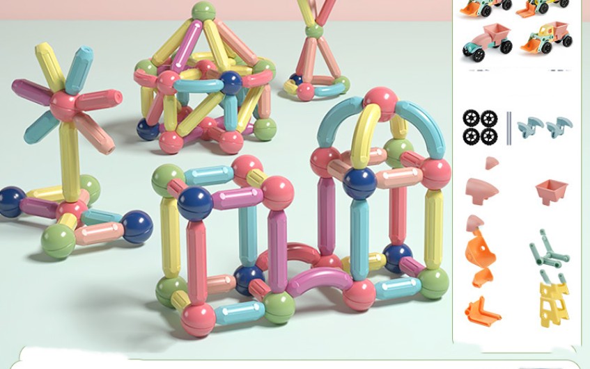 小さな立体作品を並べた磁石ロッドブロックの作例
