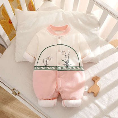 オーキッド柄の柔らかい綿素材ロンパース
