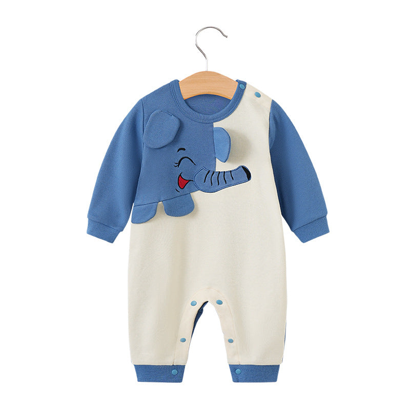 春秋向けコットン素材のブルー切り替え長袖ベビーロンパース全体
