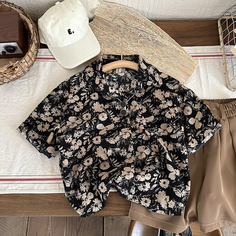 さらっと羽織れておしゃれに決まる 男の子キッズ半袖シャツ カモフラ柄 ブラック ポリエステル 90~140cm