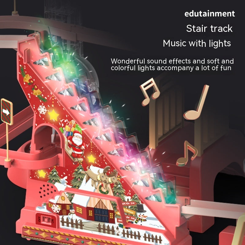 階段をのぼって滑り台を滑り降りるサンタフィギュアの動きが分かるイメージ
