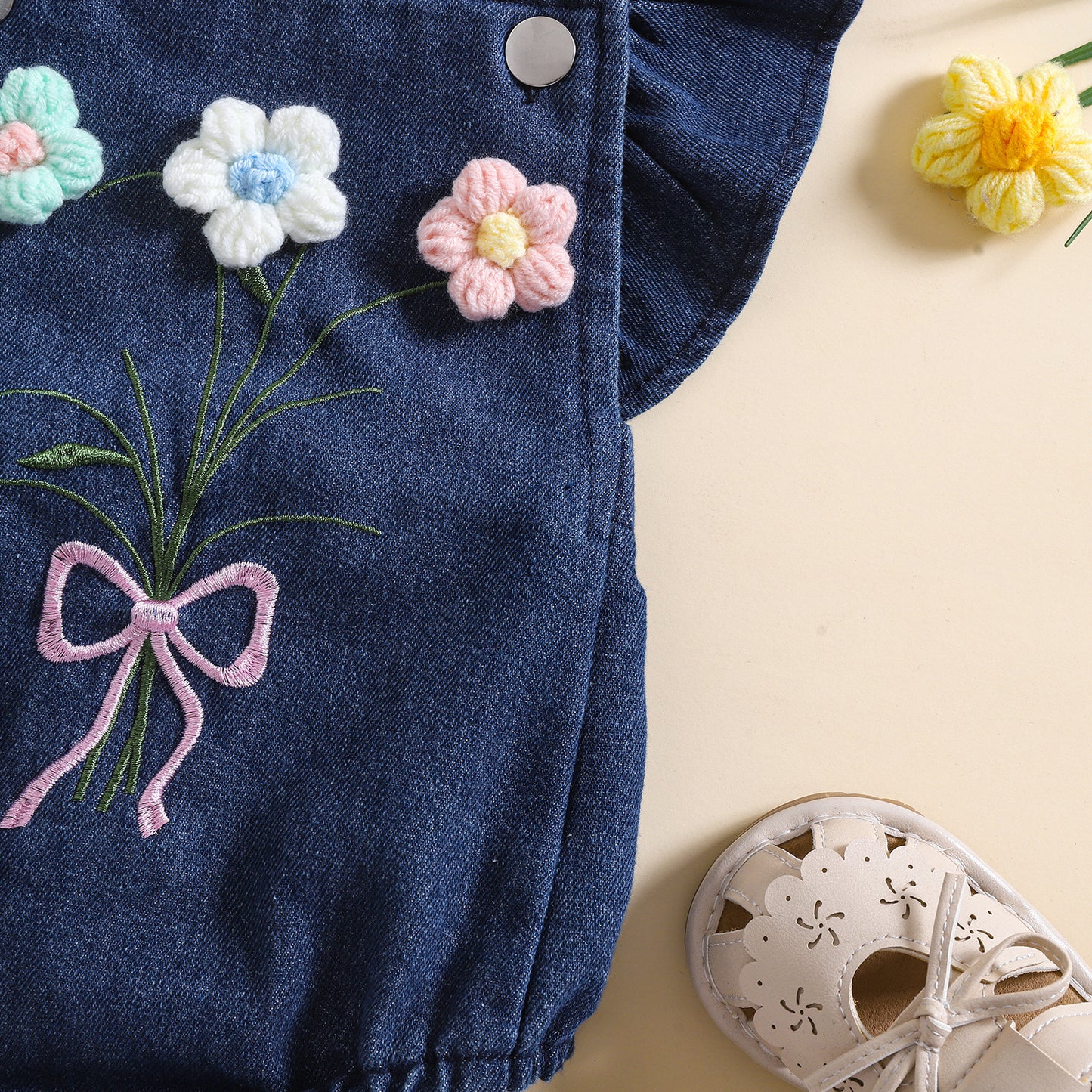 夏の涼しさを上品にまとう 女の子ノースリーブリネンロンパース トライアングルデザイン ヘアバンド付き 0〜18ヶ月