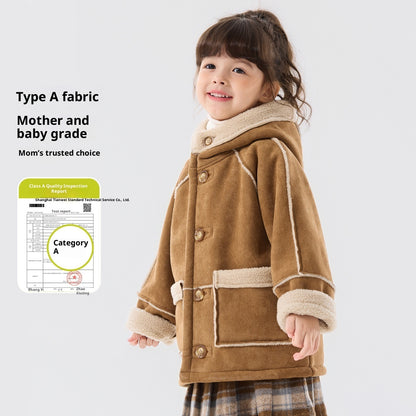 ふんわりボアで冬のおでかけもあったか 女の子フード付きコート テリークロス風ポリエステル 80–130cm