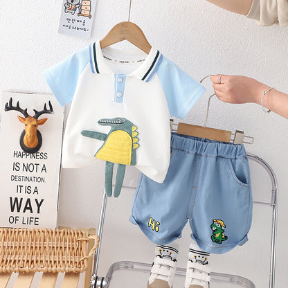 きちんと見えで動きやすい 男の子ポロシャツセットアップ アニマルカートゥーン 刺繍アップリケ コットン 80〜130cm