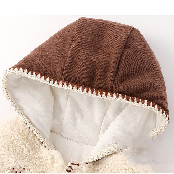 フード付きコットン起毛生地のベビーワンピースつなぎを平置きにした写真
