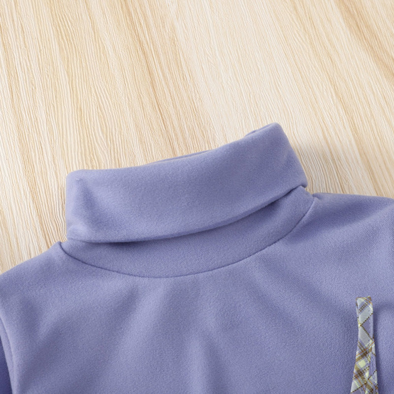 きちんと見えで可愛さ引き立つ 女の子ハイネック長袖トップス×チェック柄ジャンパースカート 2点セット ポリエステル混 90~130cm