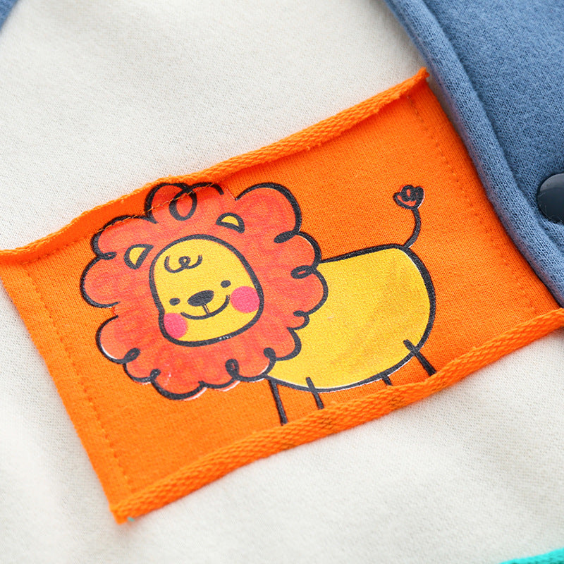 やわらかフリースであたたかく動きやすい 男の子ベースボールジャケット アニマルパッチデザイン コットン混 90〜130cm