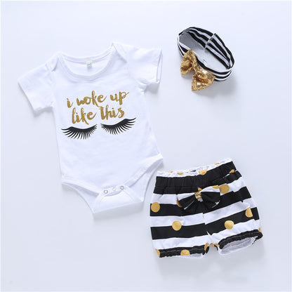 おしゃれに映えて夏の気分が上がる 女の子半袖ロンパース＆ボーダーショートパンツ＆ターバン3点セット コットン ホワイト 70~110cm