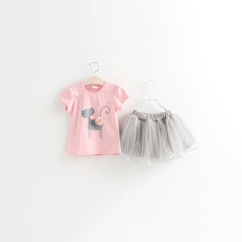 おめかし気分が高まる 女の子半袖Tシャツ＆ふんわりスカートセット ねこカートゥーン立体フラワー コットン混 90~130cm