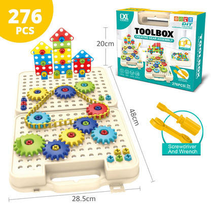 276ピース表示のある穴あきボードに家型ブロックと歯車が並び、サイズ表記とTOOLBOXパッケージ、ドライバーとレンチが写った画像
