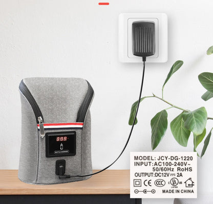 赤いラインがアクセントになったグレーカラーのミルク保温バッグ側面（ベビーボトルウォーマー・ミルクウォーマー）
