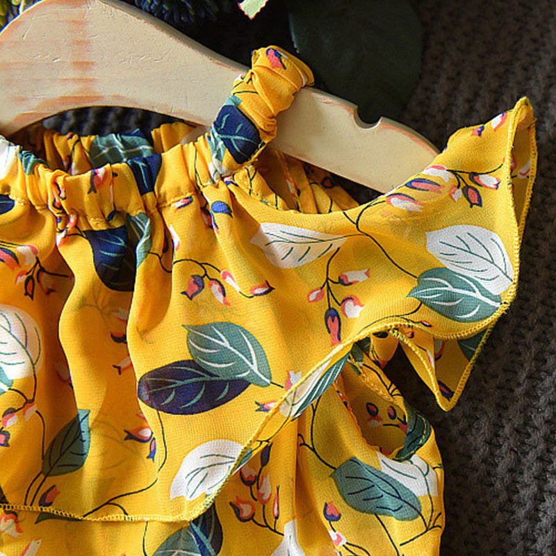 涼やかリーフ柄で夏のおでかけが映える 女の子ノースリーブワンピース シフォン風プリント 韓国風 ピンク・イエロー 100~140cm