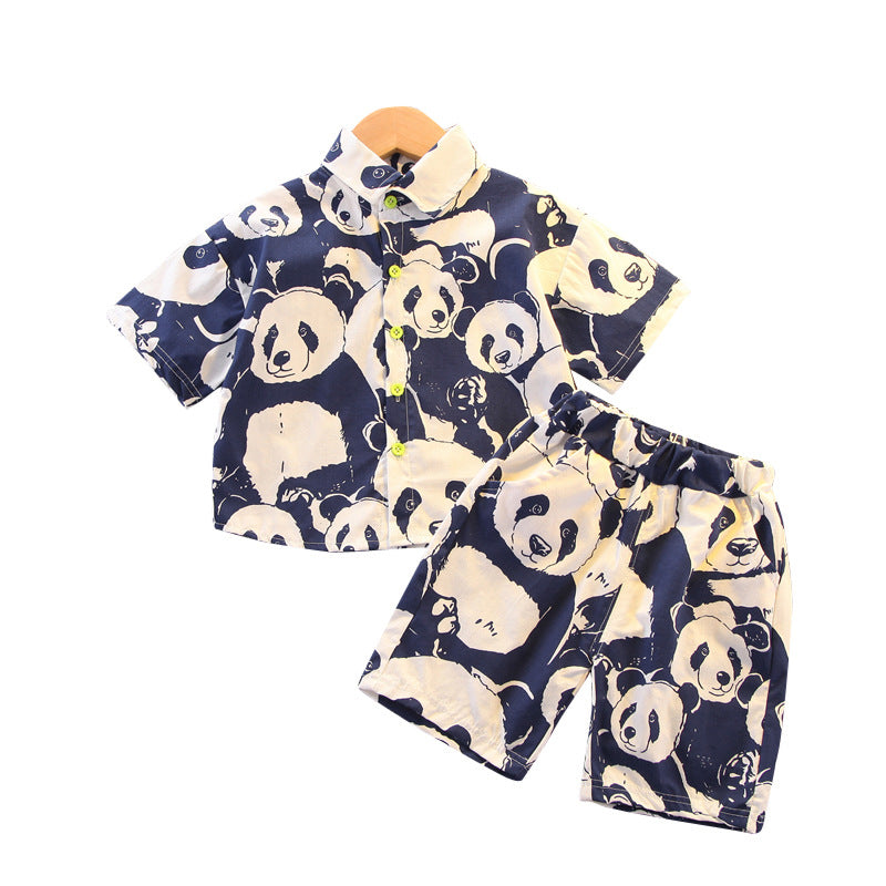 夏のおでかけが楽しくなる 男の子パンダ総柄 半袖シャツ＆ショートパンツ上下セット コットン素材 韓国風カジュアル 80~120cm