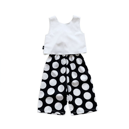 後ろ姿まで可愛く決まる 女の子ノースリーブトップス＆ワイドパンツセット バックリボン×ドット柄 ポリエステル 80〜130cm