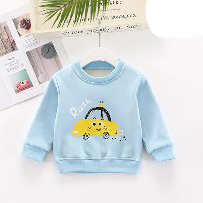 車プリントがポイントの韓国風裏起毛キッズトレーナー正面
