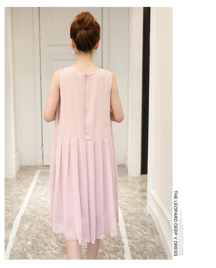 ふんわり体型カバーで上品見え マタニティワンピース ノースリーブ プリーツデザイン コットン素材 M〜XXL