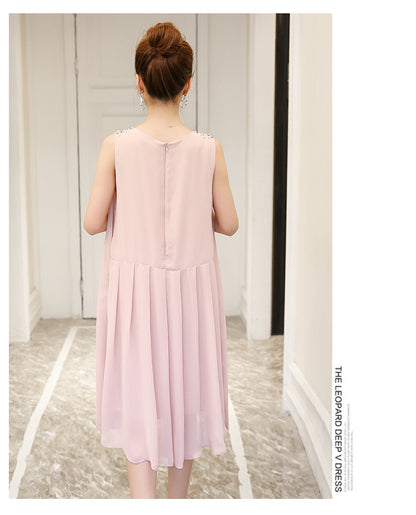 ふんわり体型カバーで上品見え マタニティワンピース ノースリーブ プリーツデザイン コットン素材 M〜XXL