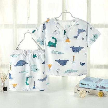 さらっと軽やかに夏を楽しむ 子ども半袖Tシャツ＆ショートパンツ上下セット 恐竜カートゥーンプリント ポリエステル 薄手 90~150cm