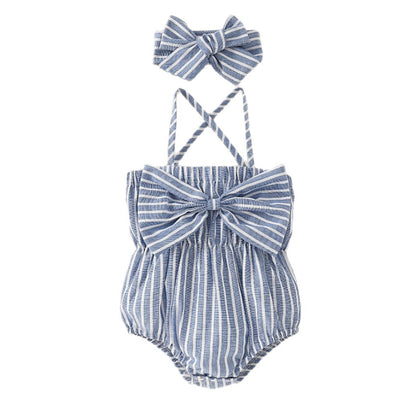 涼しく可愛くおめかしできる 女の子サロペットロンパース ブルー×ホワイトストライプ 大きめリボン ポリエステル ノースリーブ ヘアバンド付き 1〜24ヶ月
