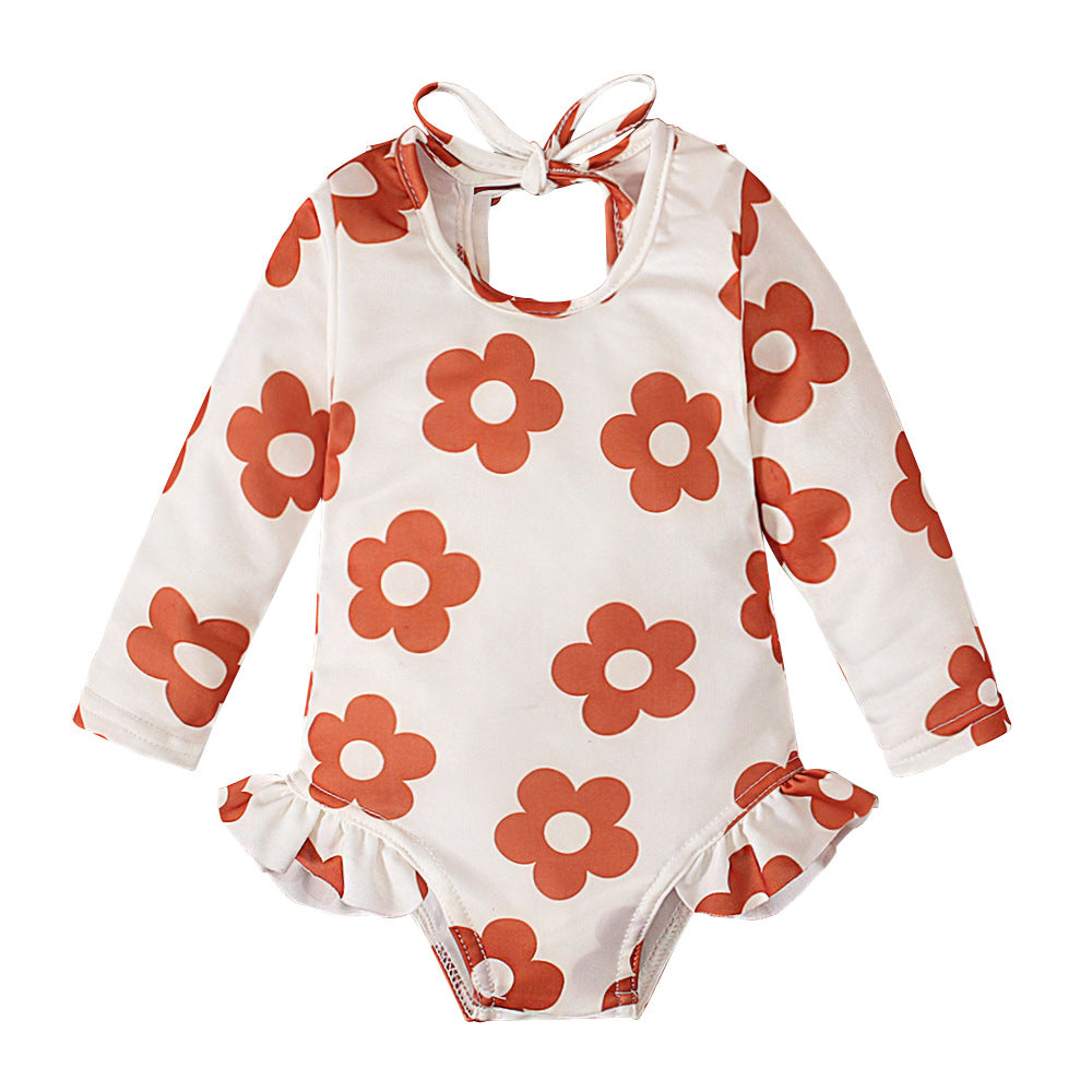 ベビー女の子 長袖UVラッシュガードワンピース水着 花柄 オープンバック フリル付き 70cm・80cm・90cm・100cm・110cm