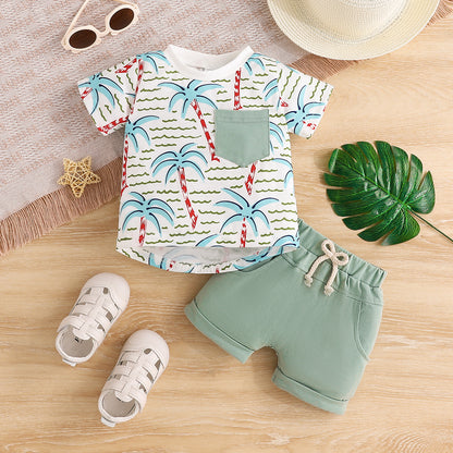 さらっと涼しく夏コーデが完成する 男の子カジュアル2点セット ヤシの木プリント ストライプ柄 コットン 0〜3歳