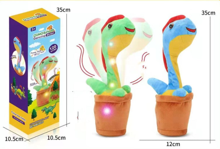 パッケージと本体が並ぶポット型ダンシング恐竜のセットイメージ

