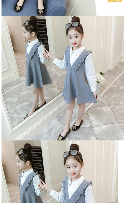 きちんと見えが叶う 女の子ロングスリーブジャンパースカート チェック柄 フリルデザイン ブルー 110~160cm