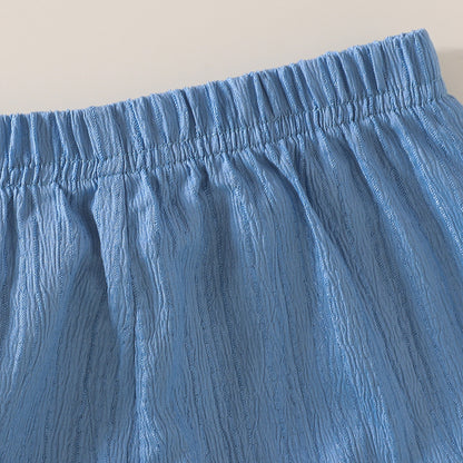 さらっと涼しくきちんと見えが叶う 男の子半袖シャツ＆ショートパンツセット 恐竜刺繍 シンプルブルー ポリエステル 6〜9ヶ月〜2〜3歳