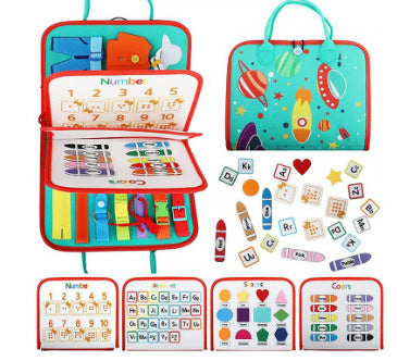 緑色のモンテッソーリ知育バッグ、数字や色・形合わせのカードと多層アクティビティが揃った幼児向け学習セット  
