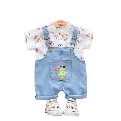 夏のおでかけがきちんと可愛く決まる 男の子半袖シャツ＆デニムサロペットショーツ上下セット 恐竜プリント コットン 80~110cm
