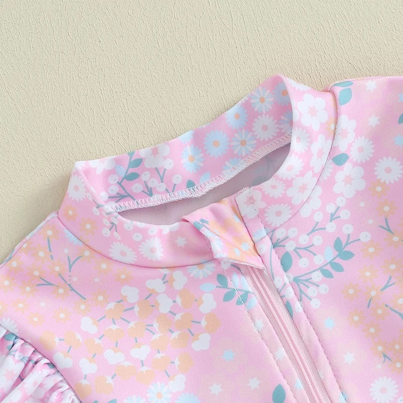ガールズUVセット 長袖ラッシュガードワンピース水着 ピンク小花柄 肩・裾フリル 前開きファスナー（80・90・100・110・120・130cm）
