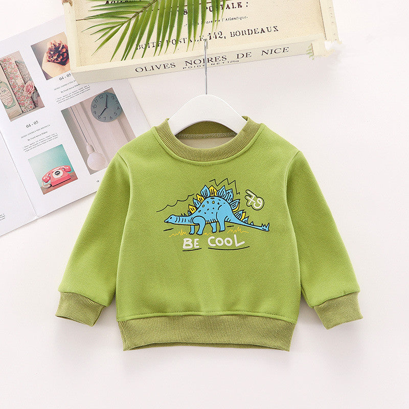 恐竜プリントが大きく入ったグリーンの裏起毛子どもトレーナー
