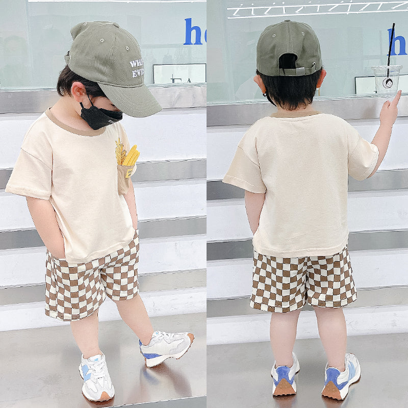 さらっと夏映えでおしゃれに決まる 男の子上下セット 半袖Tシャツ＆ショートパンツ フライドポテトポケットプリント チェッカー柄ショーツ ポリエステル ミルクティー 90〜150cm