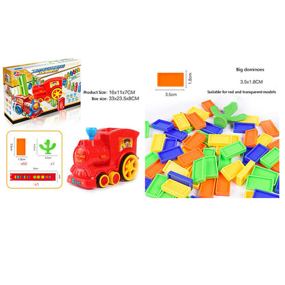 パッケージと付属パーツ構成が確認できる電動ドミノトレインのセット内容画像
