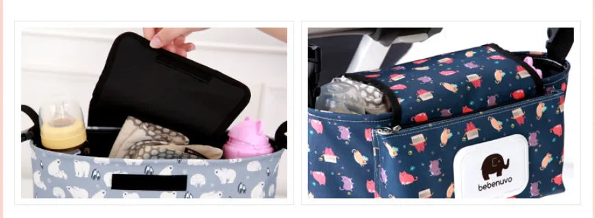 シロクマ柄の収納オーガナイザーに小物を入れて整理するイメージ（ベビーカー収納バッグ）
