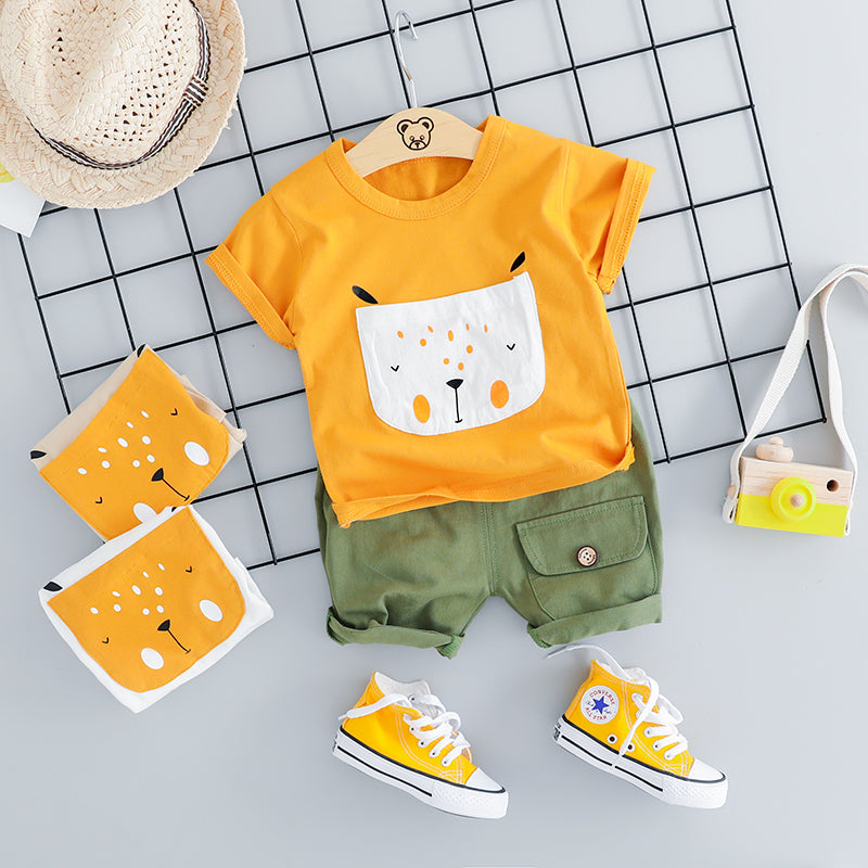 さらっと動きやすい 子ども半袖上下セット アニマルフェイスポケットTシャツ カーゴ風ショートパンツ コットン 70~100cm アプリコット・イエロー