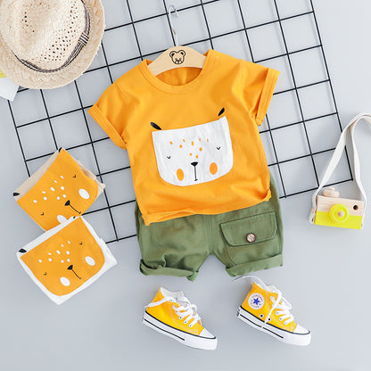 さらっと動きやすい 子ども半袖上下セット アニマルフェイスポケットTシャツ カーゴ風ショートパンツ コットン 70~100cm アプリコット・イエロー